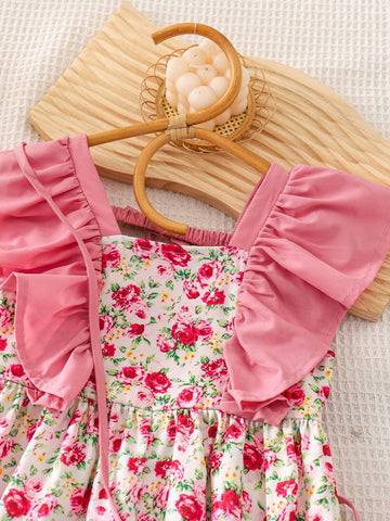 Young Girl Woven Floral Print Loose Casual Jumpsuit With Ruffled Square Neckline And Crossbody Bag