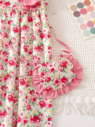Young Girl Woven Floral Print Loose Casual Jumpsuit With Ruffled Square Neckline And Crossbody Bag