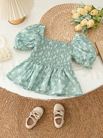 Young Girl Woven Floral Print Square Neck Drawstring Pleated Puff Sleeve Casual Shirt