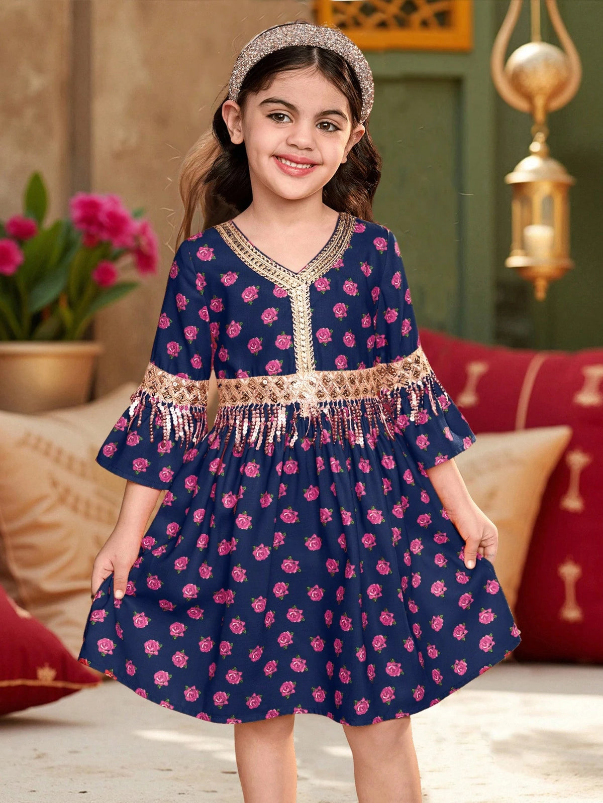 Young Girl Woven Floral V-Neck Snug Fit Dress With Fringe Trim