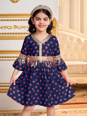 Young Girl Woven Floral V-Neck Snug Fit Dress With Fringe Trim