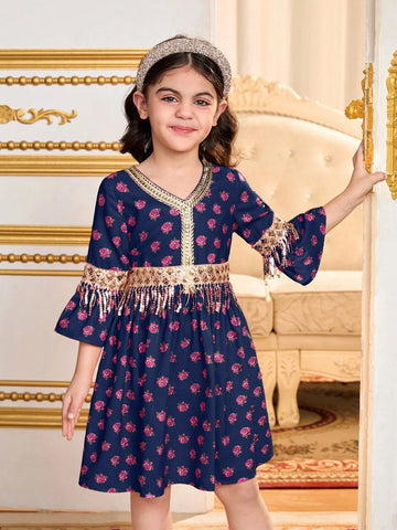Young Girl Woven Floral V-Neck Snug Fit Dress With Fringe Trim