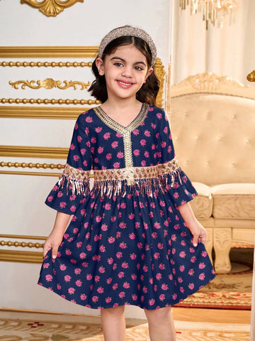 Young Girl Woven Floral V-Neck Snug Fit Dress With Fringe Trim