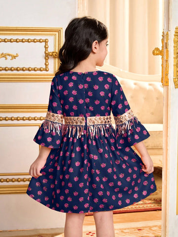 Young Girl Woven Floral V-Neck Snug Fit Dress With Fringe Trim