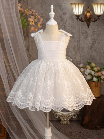 Young Girl Woven Lace Square Collar Fitted Casual Dress