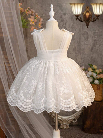 Young Girl Woven Lace Square Collar Fitted Casual Dress