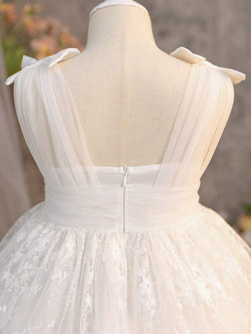 Young Girl Woven Lace Square Collar Fitted Casual Dress