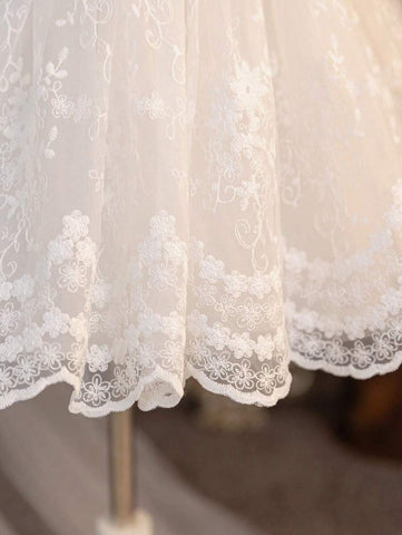 Young Girl Woven Lace Square Collar Fitted Casual Dress