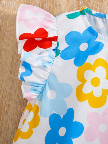 Young Girl Woven Loose Fit Crew Neck Cap Sleeve Pattern Casual Mini Dress