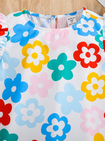 Young Girl Woven Loose Fit Crew Neck Cap Sleeve Pattern Casual Mini Dress