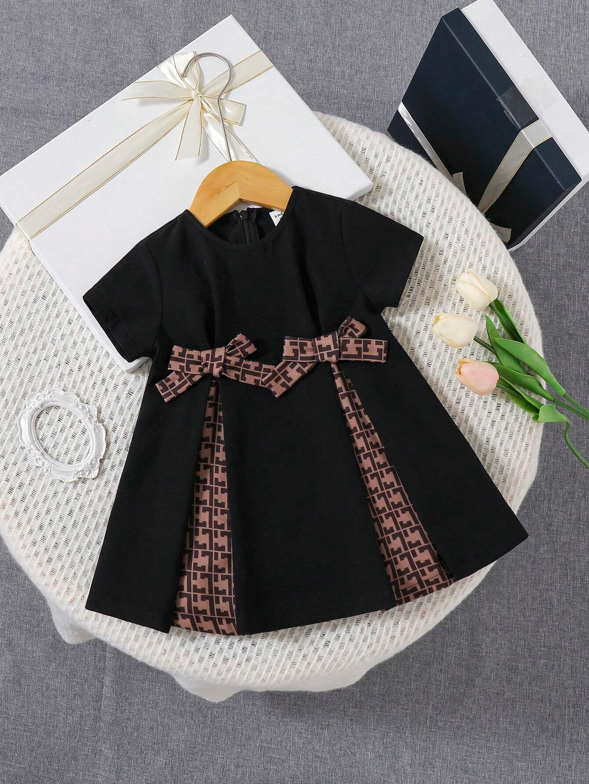 Young Girl Woven Net Solid Color Patchwork Geometric Bowknot Compound Elegant Dress