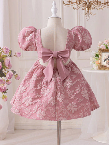 Young Girl Woven Pink Sleeveless Casual Dress With Big Bow Decor