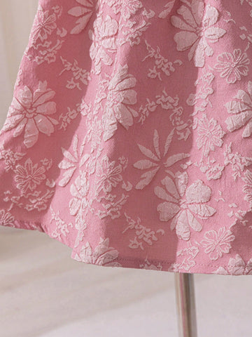 Young Girl Woven Pink Sleeveless Casual Dress With Big Bow Decor