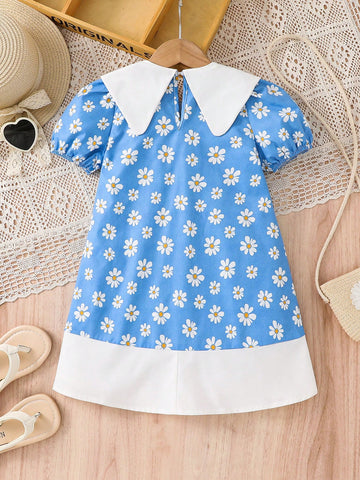 Young Girl Woven Plaid Splicing Puff Sleeve Loose Casual Peter Pan Collar Dress