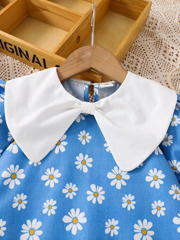 Young Girl Woven Plaid Splicing Puff Sleeve Loose Casual Peter Pan Collar Dress