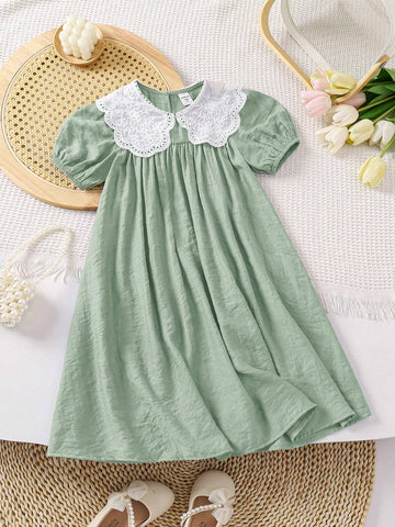 Young Girl Woven Plain Casual Smock Neck Dress