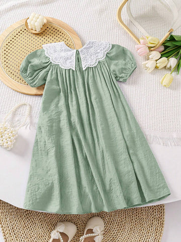 Young Girl Woven Plain Casual Smock Neck Dress