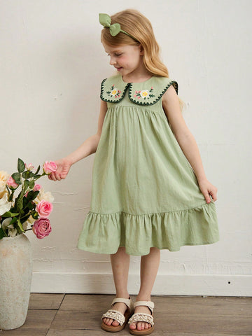 Young Girl Woven Shift Dress With Peter Pan Collar