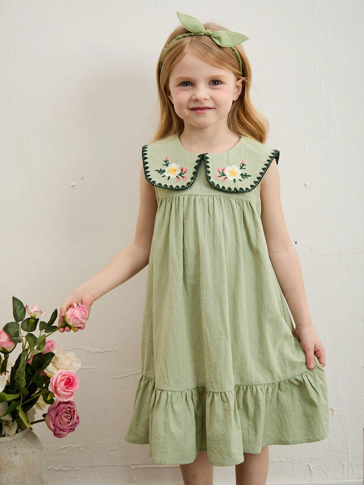 Young Girl Woven Shift Dress With Peter Pan Collar