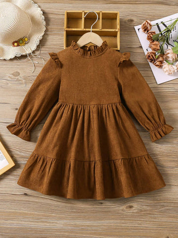 Young Girl Woven Solid Collar Ruffle Hem Casual Dress