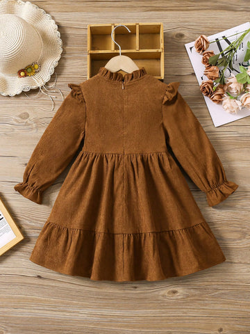 Young Girl Woven Solid Collar Ruffle Hem Casual Dress
