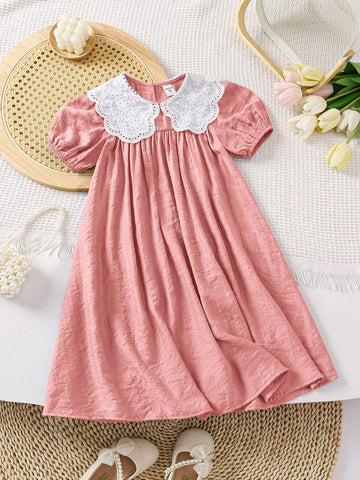 Young Girl Woven Solid Color Casual Collared Shift Dress