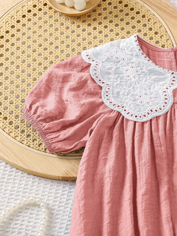 Young Girl Woven Solid Color Casual Collared Shift Dress