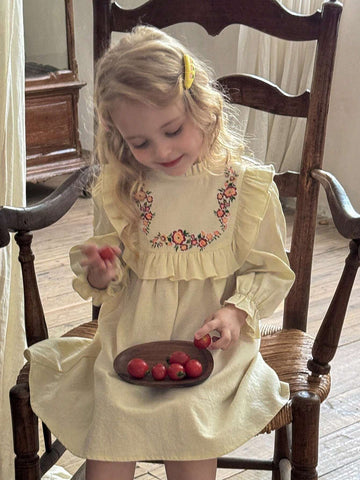 Young Girl Woven Solid Color Ditsy Floral Ruffle Puff Sleeve Casual Dress