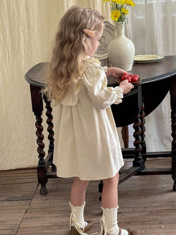Young Girl Woven Solid Color Ditsy Floral Ruffle Puff Sleeve Casual Dress