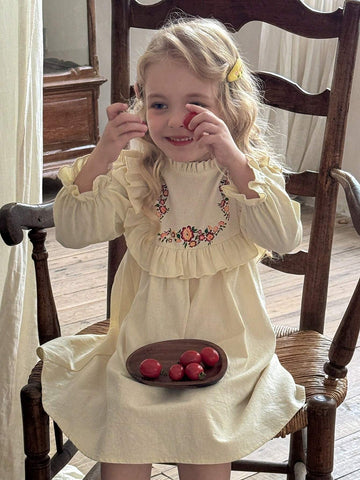 Young Girl Woven Solid Color Ditsy Floral Ruffle Puff Sleeve Casual Dress