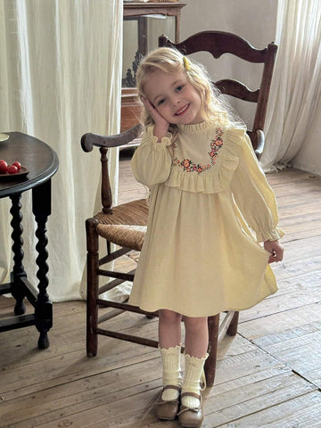 Young Girl Woven Solid Color Ditsy Floral Ruffle Puff Sleeve Casual Dress