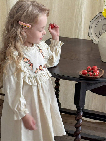 Young Girl Woven Solid Color Ditsy Floral Ruffle Puff Sleeve Casual Dress