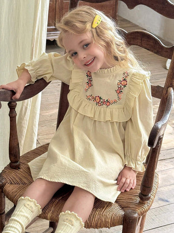 Young Girl Woven Solid Color Ditsy Floral Ruffle Puff Sleeve Casual Dress