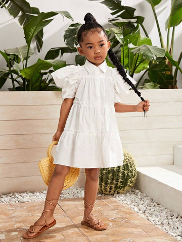 Young Girl Woven Solid Color Elegant Bubble Sleeve Doll Dress With Ruffle Trim
