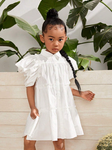 Young Girl Woven Solid Color Elegant Bubble Sleeve Doll Dress With Ruffle Trim