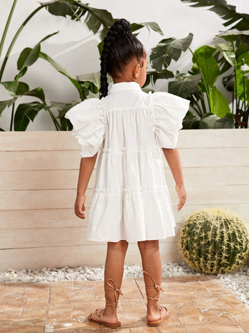 Young Girl Woven Solid Color Elegant Bubble Sleeve Doll Dress With Ruffle Trim