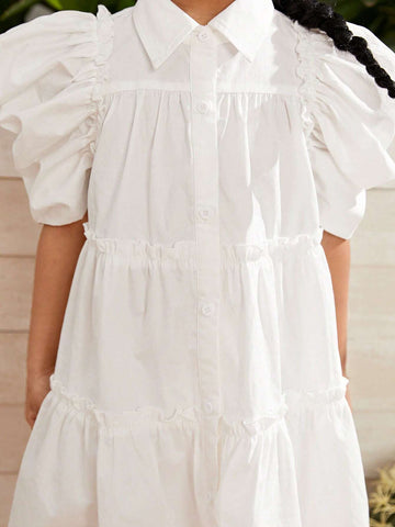 Young Girl Woven Solid Color Elegant Bubble Sleeve Doll Dress With Ruffle Trim