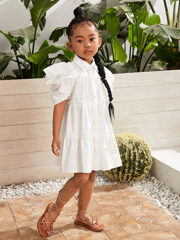 Young Girl Woven Solid Color Elegant Bubble Sleeve Doll Dress With Ruffle Trim