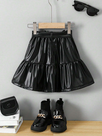 Young Girl Woven Solid Color Fitted Casual Skirt