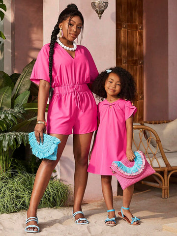 Young Girl Woven Solid Color Hollow Petal Sleeve Loose Holiday Dress, Suitable For Summer