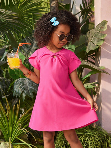 Young Girl Woven Solid Color Hollow Petal Sleeve Loose Holiday Dress, Suitable For Summer