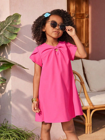 Young Girl Woven Solid Color Hollow Petal Sleeve Loose Holiday Dress, Suitable For Summer