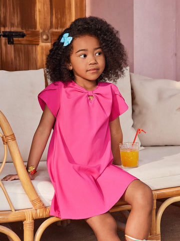 Young Girl Woven Solid Color Hollow Petal Sleeve Loose Holiday Dress, Suitable For Summer