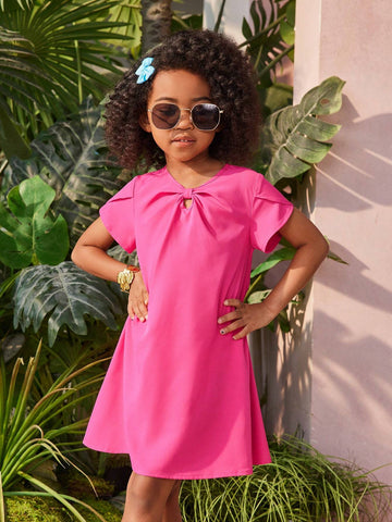 Young Girl Woven Solid Color Hollow Petal Sleeve Loose Holiday Dress, Suitable For Summer