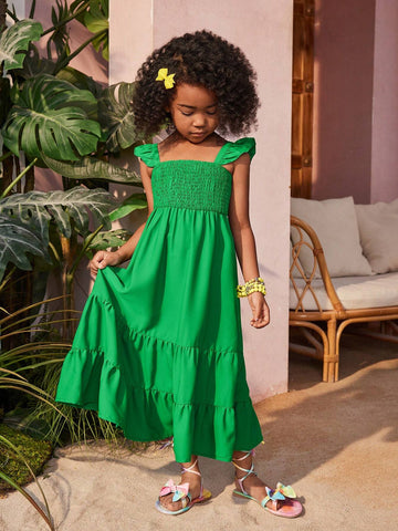 Young Girl Woven Solid Color Pleated Cap Sleeve Holiday Dress, Suitable For Summer