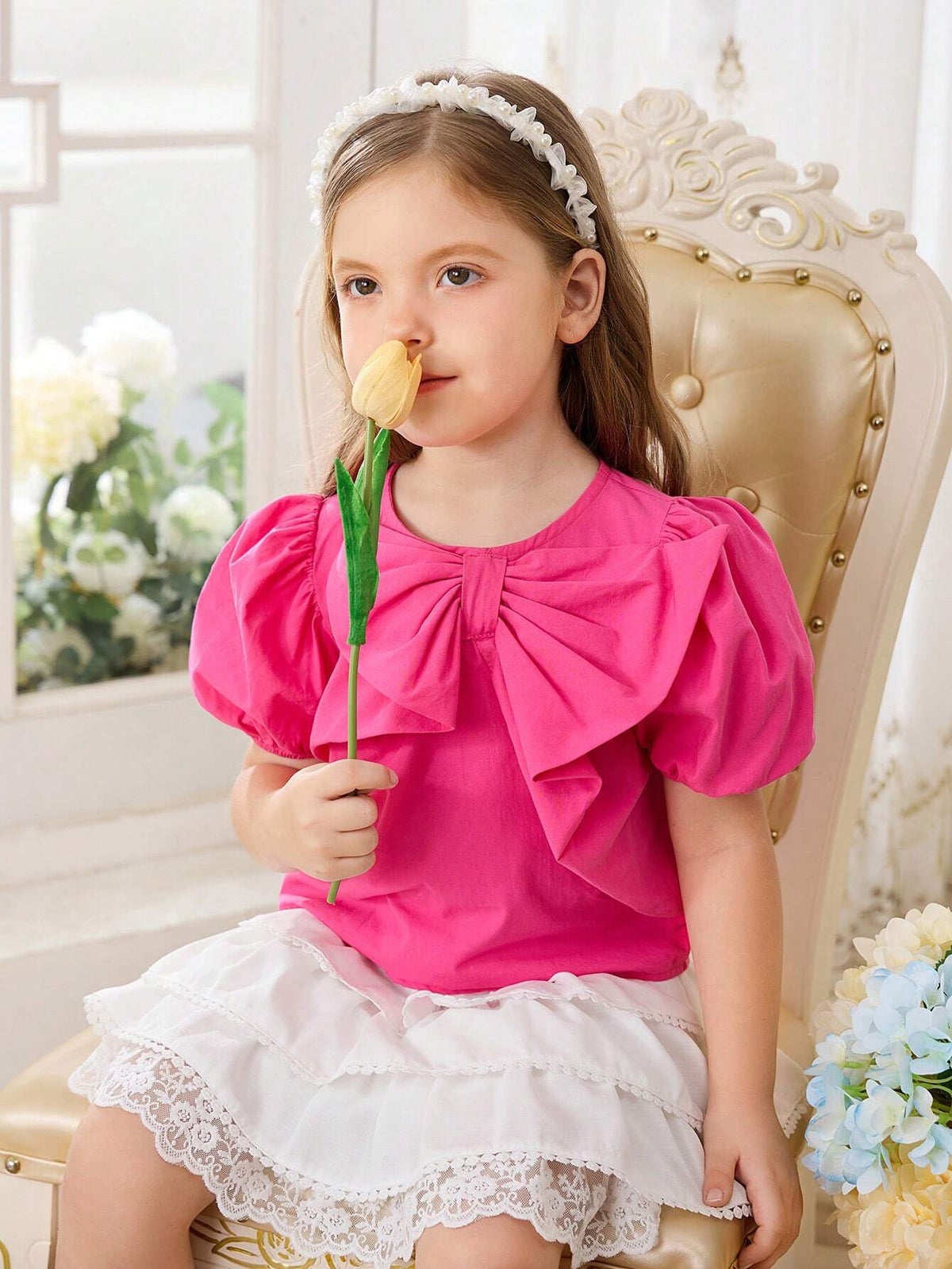 Young Girl Woven Solid Color Puff Sleeve Fitted Casual Shirt With Round Collar