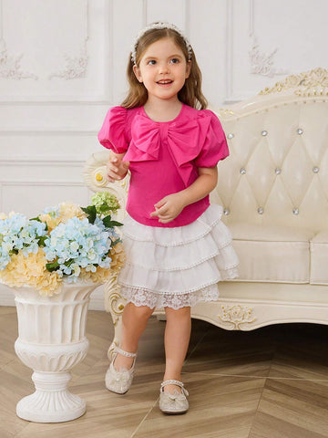 Young Girl Woven Solid Color Puff Sleeve Fitted Casual Shirt With Round Collar