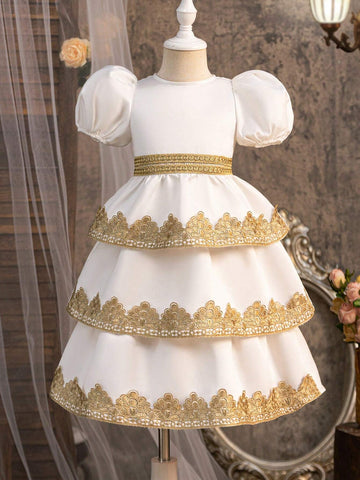 Young Girl Woven Solid Color Round Neck Bubble Sleeve Loose Casual Dress