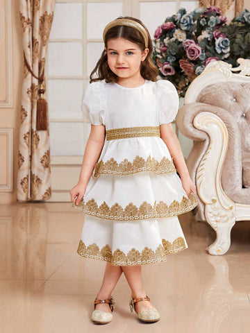 Young Girl Woven Solid Color Round Neck Bubble Sleeve Loose Casual Dress