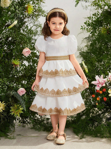 Young Girl Woven Solid Color Round Neck Bubble Sleeve Loose Casual Dress